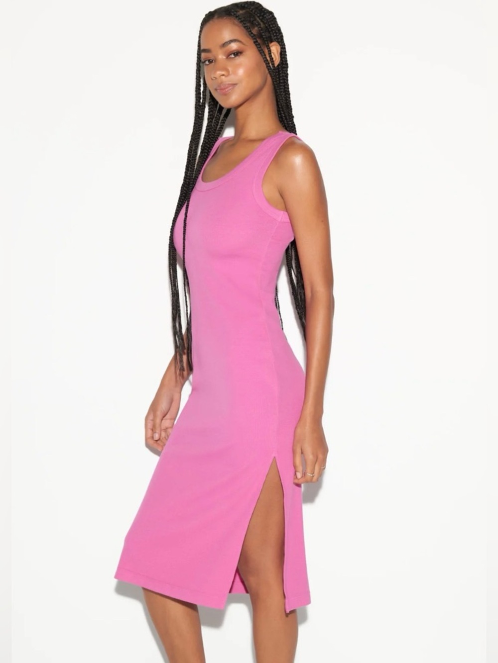 Spiritual Gangster Pink Ribbed Midi Tank Dress with Two Side Slits